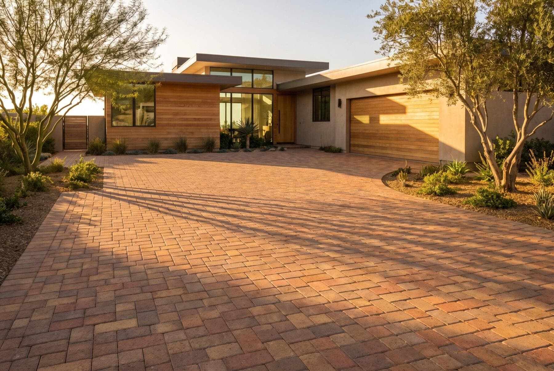 Finished paver driveway at golden hour in Scripps Ranch